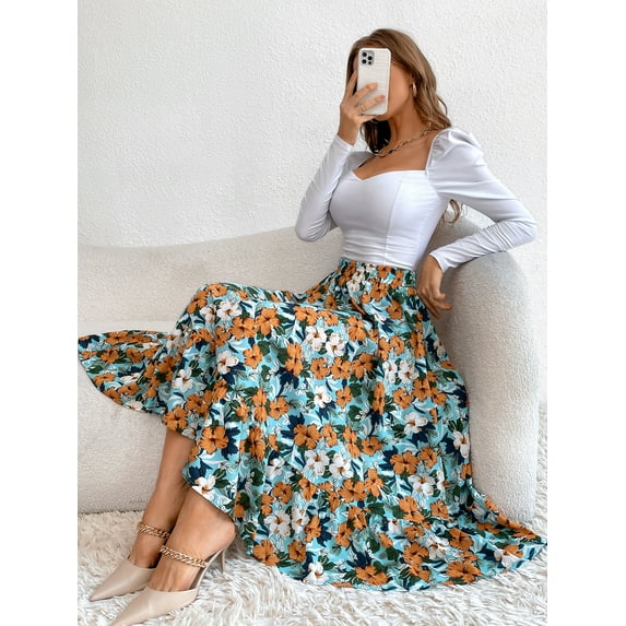 Gartered High Waist Floral Print Midi Skirt Below Knee Length