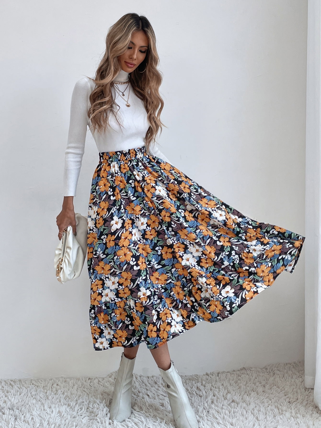 Gartered High Waist Floral Print Midi Skirt Below Knee
