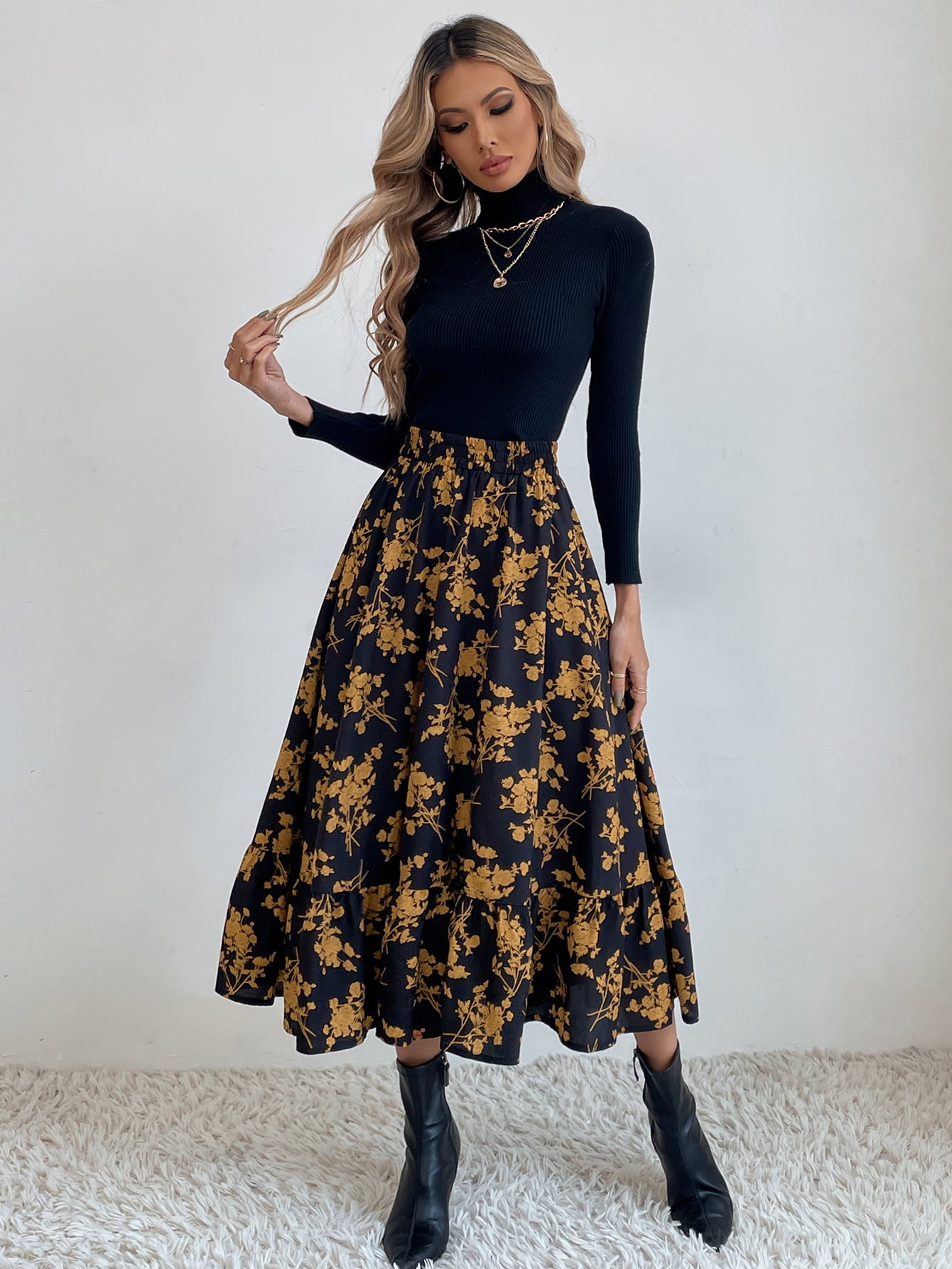 Black High Waisted Floral Midi Skirt Gartered High Waist Floral