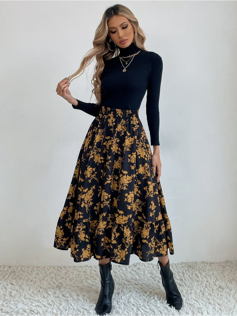 Gartered High Waist Floral Print Midi Skirt Below Knee Length
