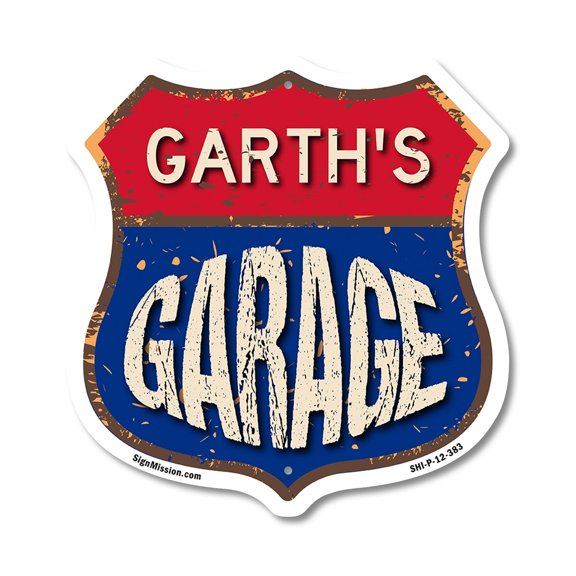 Garth's Garage 12 inch X 12 inch Shield Shaped Commercial Grade Plastic Sign Weather Resistant, UV Protected To last, Gift for Dads and Uncles Classic Americana Crafted in the USA