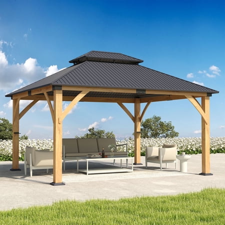 Howsvn 11 ft. x 13 ft. Outdoor Hip Roof Spruce Wooden Gazebo, Heavy Duty Hard Top Steel Double Roof Gazebo Pavilion, Weather Protected Permanent Canopy for Patio, Garden, Backyard