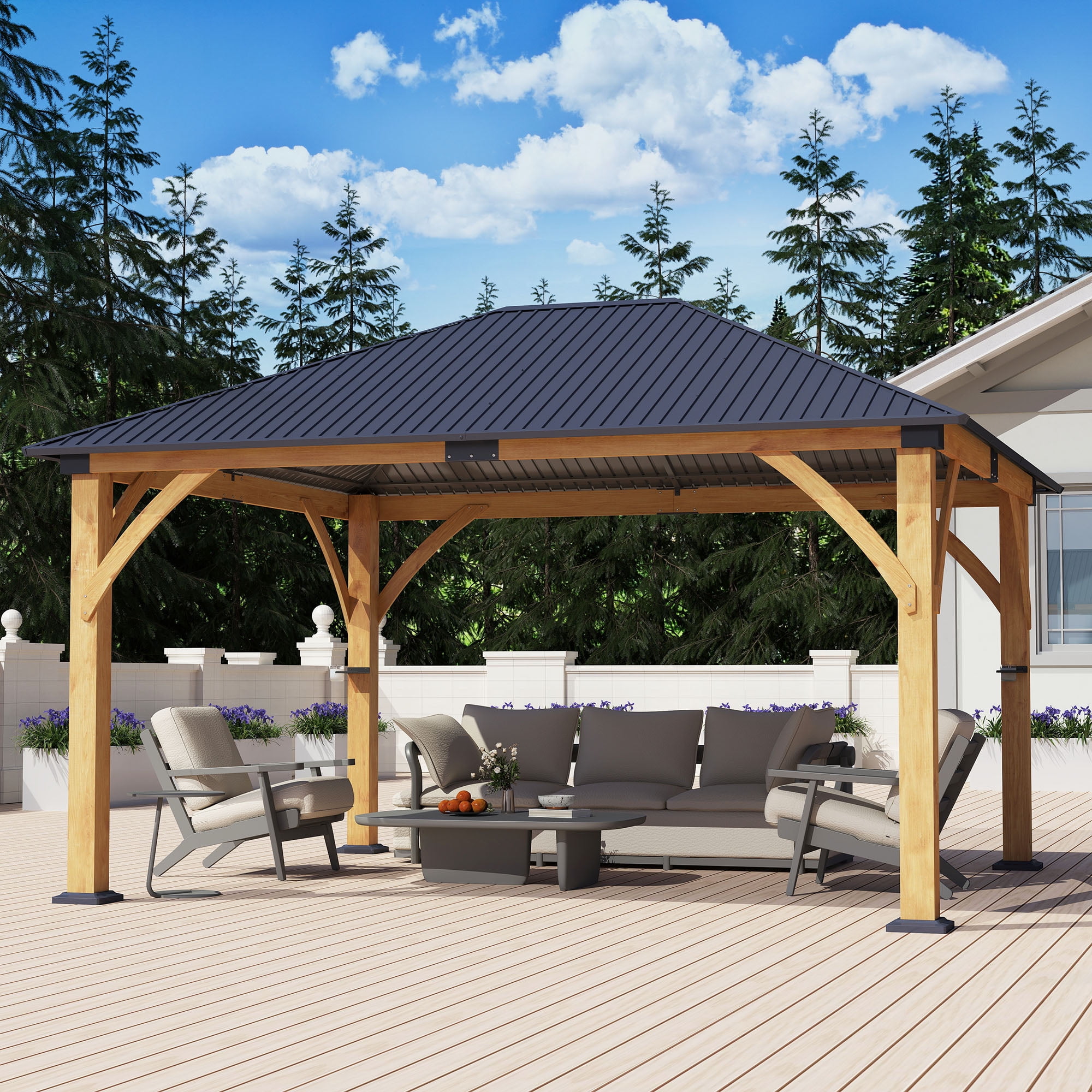 Howsvn 13 ft. x 15 ft Outdoor Hip Roof Spruce Wooden Gazebo, Heavy-duty Hard Top Steel Metal Roof Gazebo Pavilion, Weather Protected Permanent Canopy for Patio, Garden, Backyard