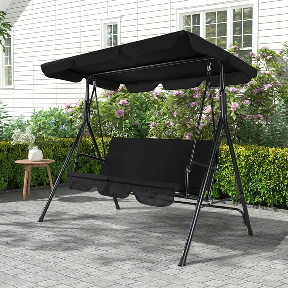 Gartoo 3 Seat Outdoor Patio Swing with Converting Canopy, Cushioned Steel Frame Porch Canopy Swing Chair, Swing Glider Hammock for Patio, Garden, Black