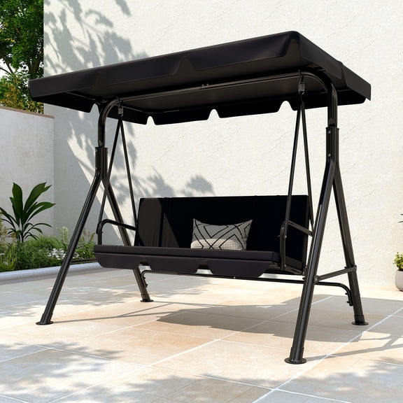 Gartoo 3 Seat Outdoor Patio Swing with Converting Canopy, Cushioned Steel Frame Porch Canopy Swing Chair, Swing Glider Hammock for Patio, Garden, Black