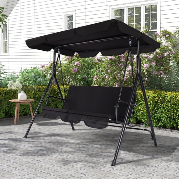 Gartoo 3 Seat Outdoor Patio Swing with Converting Canopy, Cushioned Steel Frame Porch Canopy Swing Chair, Swing Glider Hammock for Patio, Garden, Black