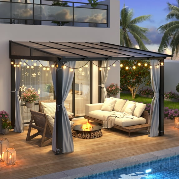 GARTOO 10' x 10’ Wall-Mounted Gazebo, Aluminum Outdoor Patio Lean to Gazebo Pergola with Roof, Gazebo Canopy Awnings to House for Garden, Lawn, Backyard Deck and More