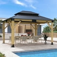 thumbnail image 1 of GARTOO 11 x 13 ft. Patio Cedar Wood Hardtop Gazebo, Double Metal Roof Wooden Gazebos for Backyard, Deck, Lawns, 1 of 10