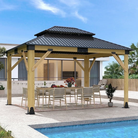 GARTOO 11 x 13 ft. Patio Cedar Wood Hardtop Gazebo, Double Metal Roof Wooden Gazebos for Backyard, Deck, Lawns