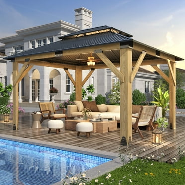 GARTOO 11 x 13 ft. Patio Cedar Wood Hardtop Gazebo, Double Metal Roof Wooden Gazebos for Backyard, Deck, Lawns