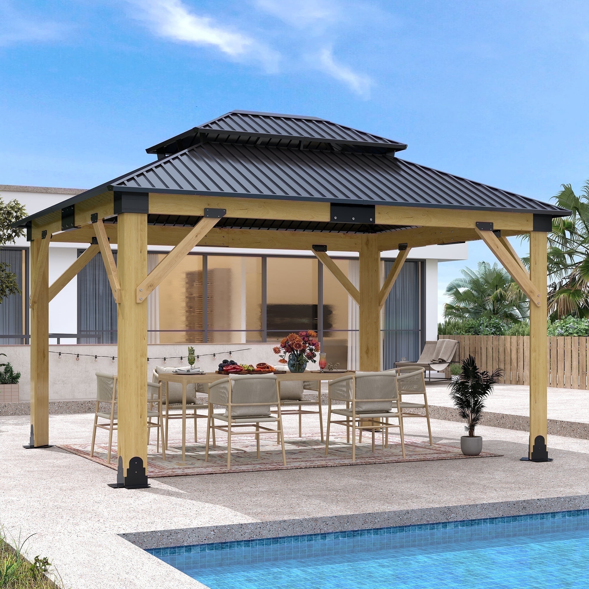 Howsvn 11 x 13 ft. Patio Cedar Wood Hardtop Gazebo, Double Metal Roof Wooden Gazebos for Backyard, Deck, Lawns