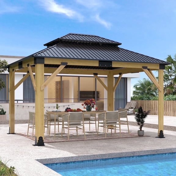 Howsvn 11 x 13 ft. Patio Cedar Wood Hardtop Gazebo, Double Metal Roof Wooden Gazebos for Backyard, Deck, Lawns