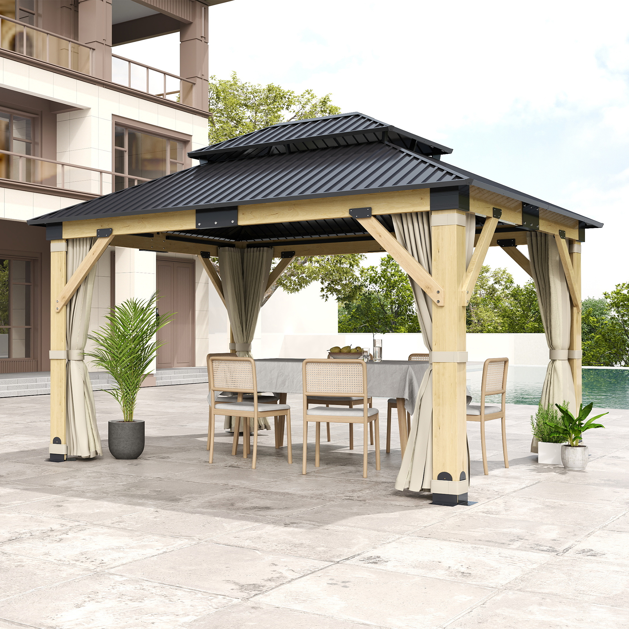 Gartooo 11’x13’ Outdoor Wooden Gazebo - Patio Galvanized Steel Gazebo with Double Vented Roof, Heavy-duty Cedar Gazebo with Privacy Curtains and Netting for Garden, Lawn, Poolside, Backyard Deck