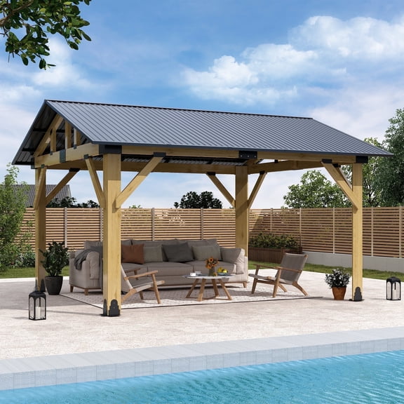 Howsvno 11Ft x 13Ft Outdoor Wooden Hardtop Gazebo with Galvanized Steel Roof,Heavy Duty Cedar Wood Frame Gazebos for Garden, Backyard