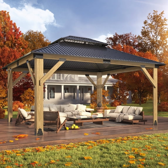 Howsvn 13 x 15 ft. Patio Cedar Wood Hardtop Gazebo, Double Metal Roof Wooden Gazebos for Backyard, Deck, Lawns
