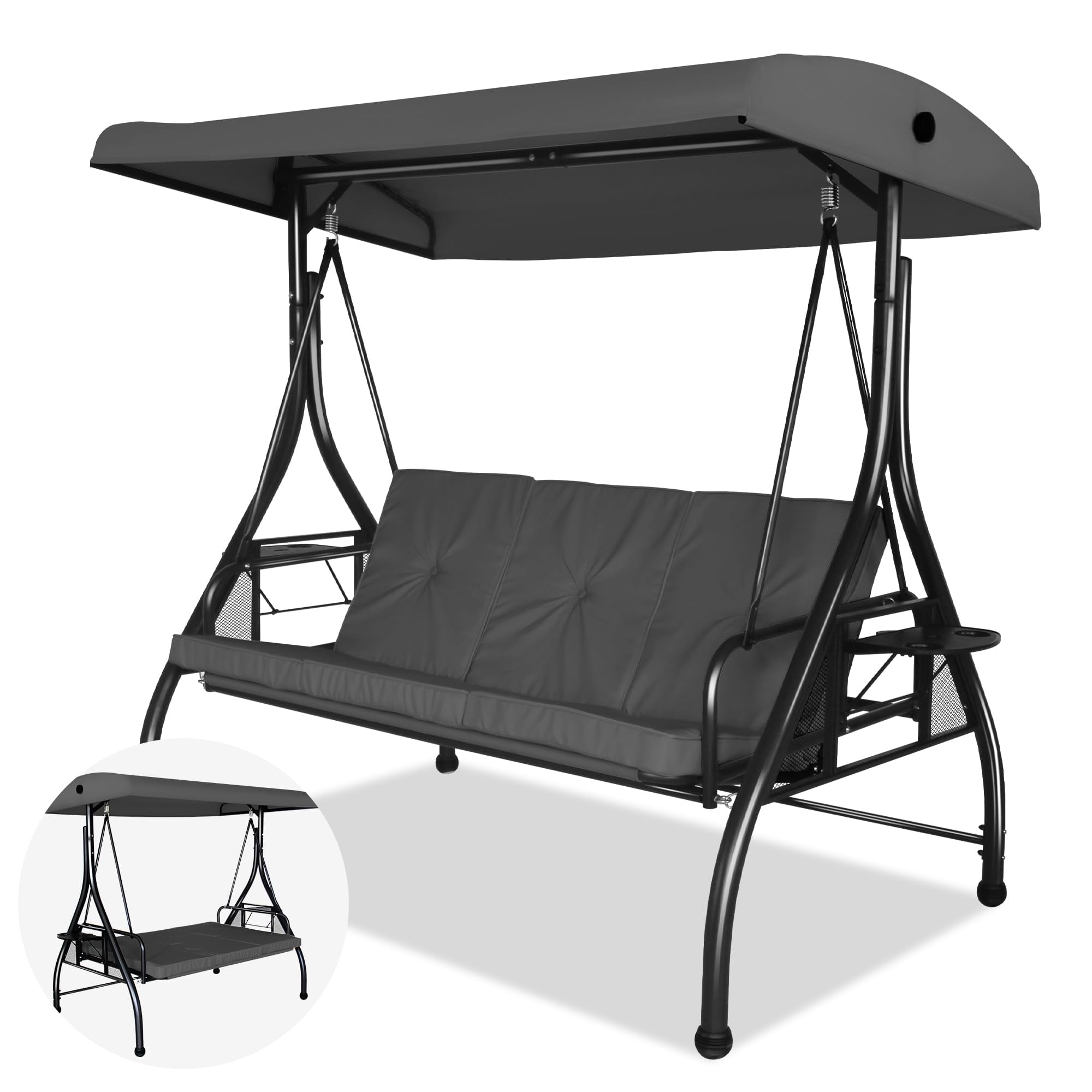 Gartooo 3Seat Outdoor Large Porch Swing with Converting Canopy, Patio Hammock Lounge Swing