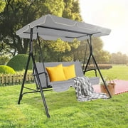 Gartooo 3-Seat Patio Swing Chair, Outdoor Porch Swing with Adjustable Canopy & Durable Steel Frame for Patio, Garden, Poolside(Grey)