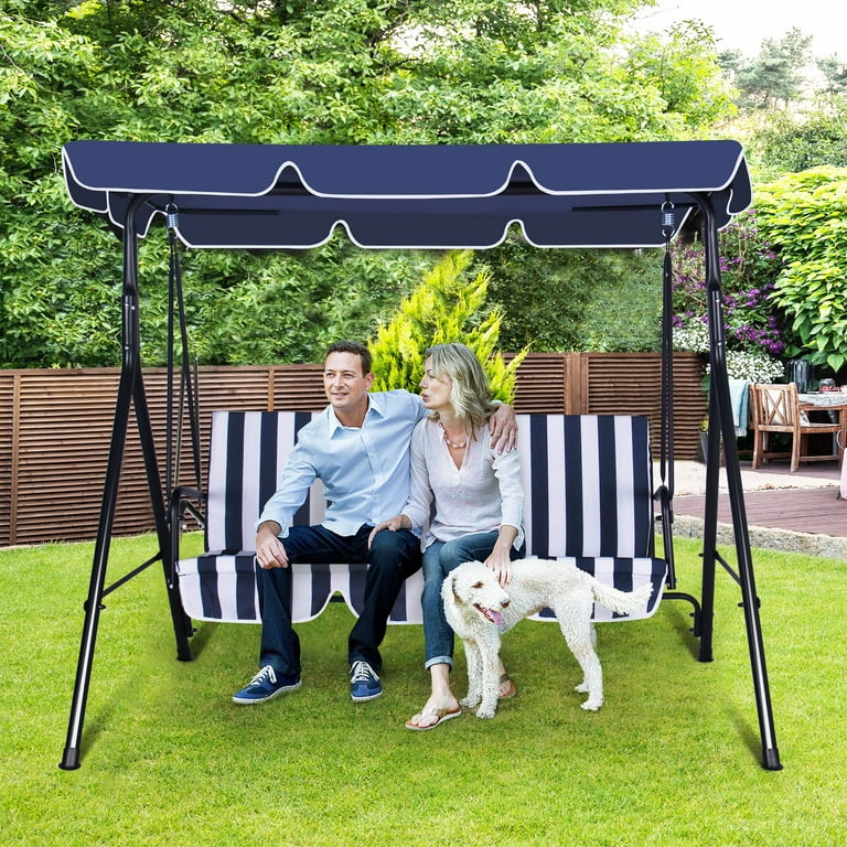 Gartooo 3 Seat Patio Swing Chair with Adjustable Canopy Navy Blue
