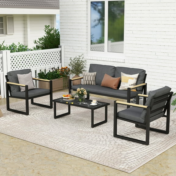 Gartooo 4-Piece Patio Furniture Set, Outdoor Aluminum Conversation Sofa Sets with Coffee Table & Cushions Chairs - Perfect for Garden, Backyard, Porch, Lawn, Poolside, Deck