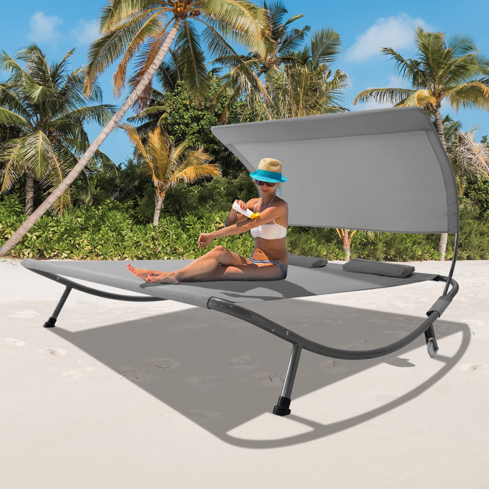 Gartooo Outdoor Double Chaise Lounge Bed with Fixed Canopy Headrest Pillow Patio Hammock Bed with Portable Wheels for Deck Indoor Yard Poolside