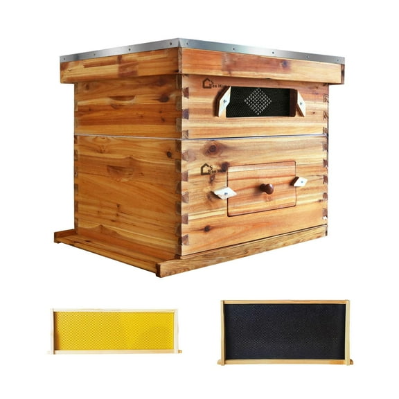 Garvee 10 Frame Bee Hive Coated with Beeswax Complete Beehive Kit Bee Box with Beehive Frames and Wax Foundations Wax Coated Bee Hives for Beginner (1 Deep Box & 1 Medium Box)