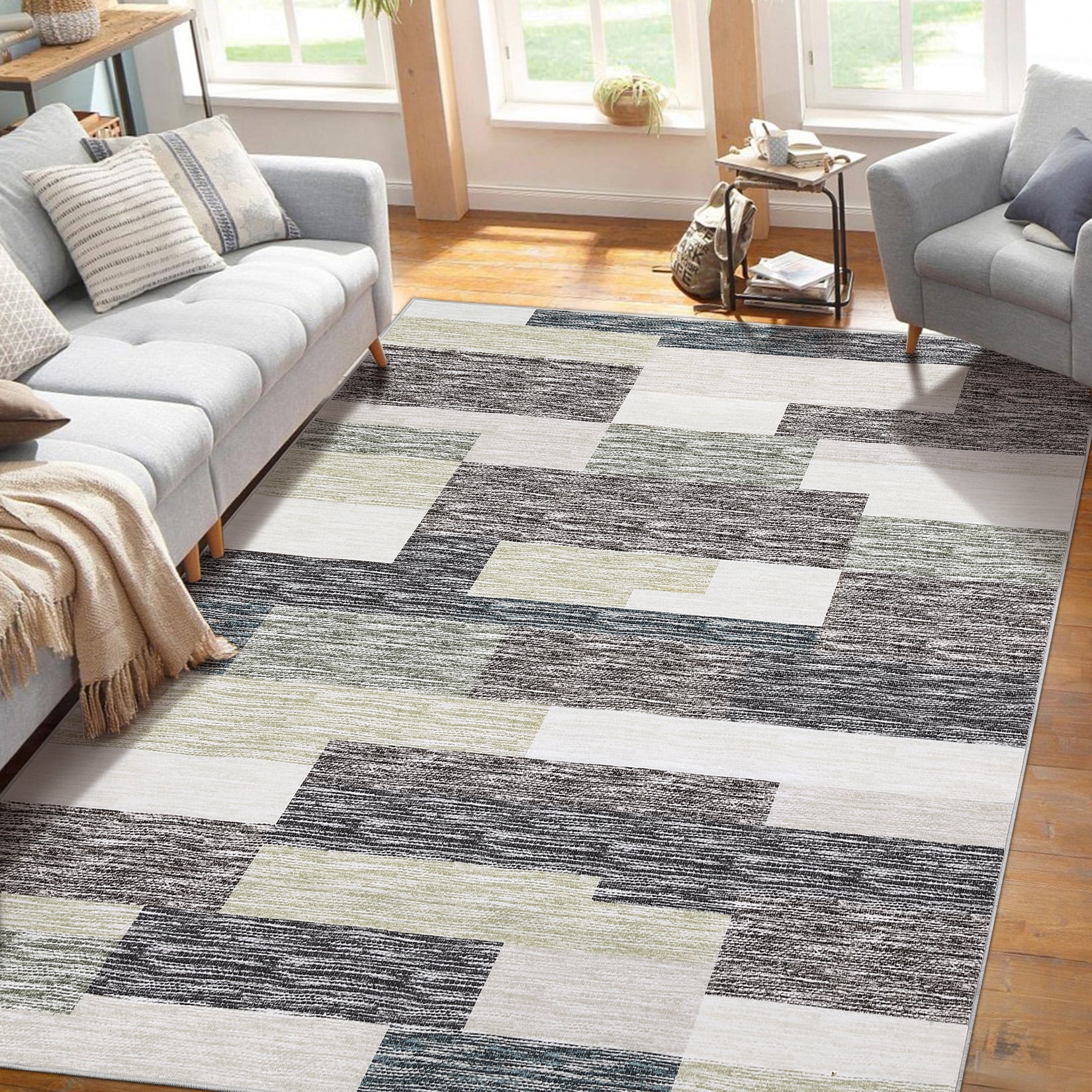 Garvee 10' x 13' Large Area Rug Modern Geometric Rug Soft Non-Slip Low Pile Rugs for Living Room Bedroom, Gray Green
