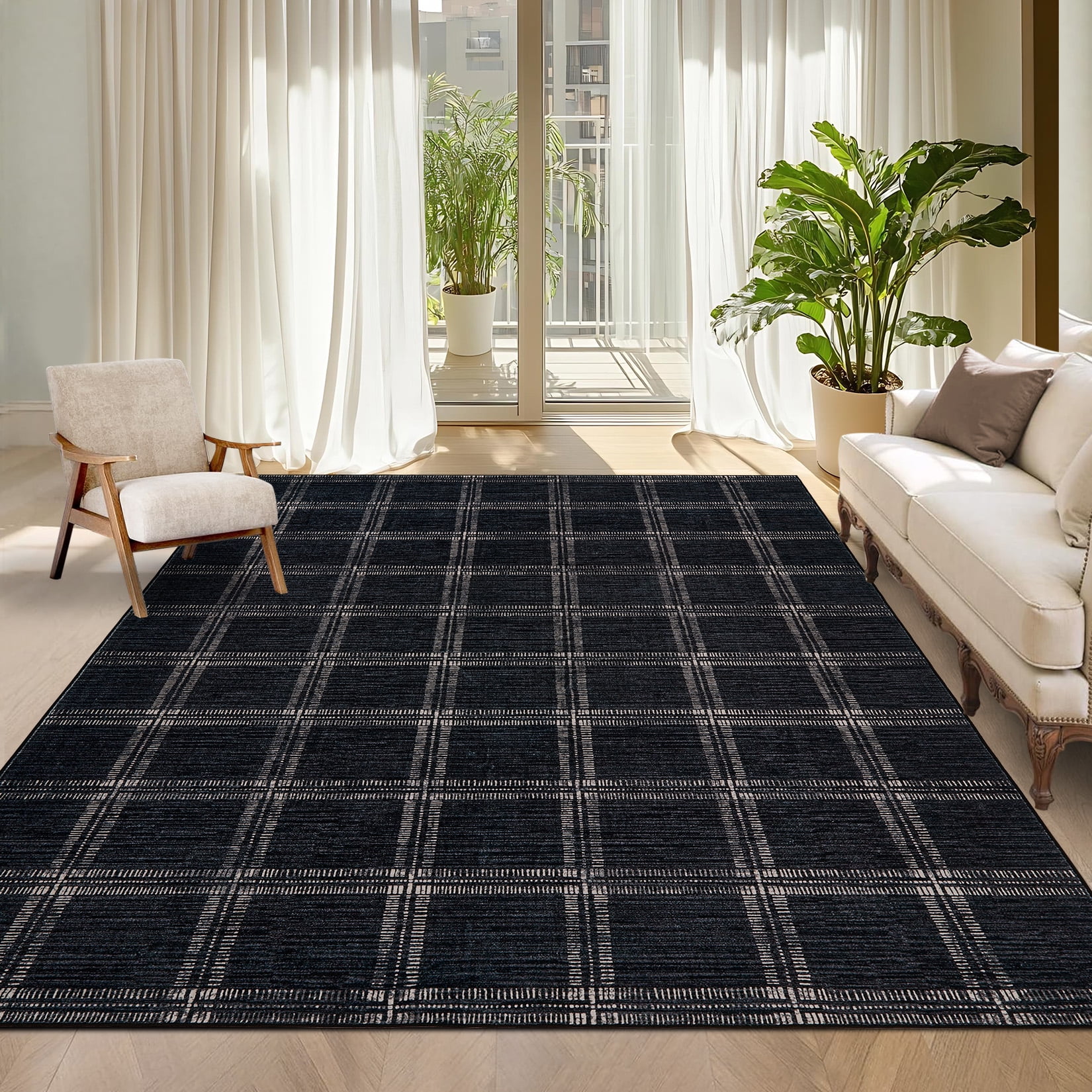 Garvee 10'x13' Area Rug Modern Striped Geometric Carpet, Washsble Plaid Rug Non Slip Stain Resistant Indoor Floor Mats for Living Room Bedroom Dining Room, Black