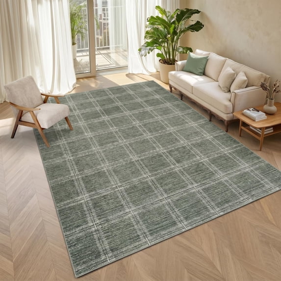 Garvee 10'x13' Area Rug Modern Striped Geometric Carpet, Washsble Plaid Rug Non Slip Stain Resistant Indoor Floor Mats for Living Room Bedroom Dining Room, Green