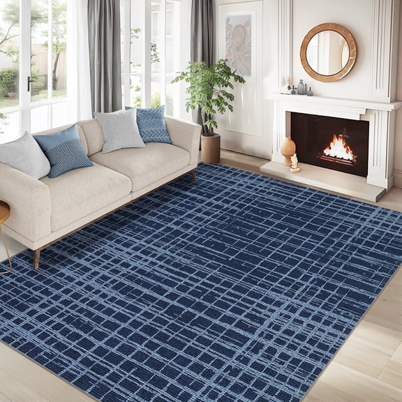 Garvee 10'x13' Solid Area Rug Washable Large Rug, Modern Abstract Printed Carpet Anti-Slip Backing Contemporary Stripes Rugs for Living Room Bedroom Home Office, Blue