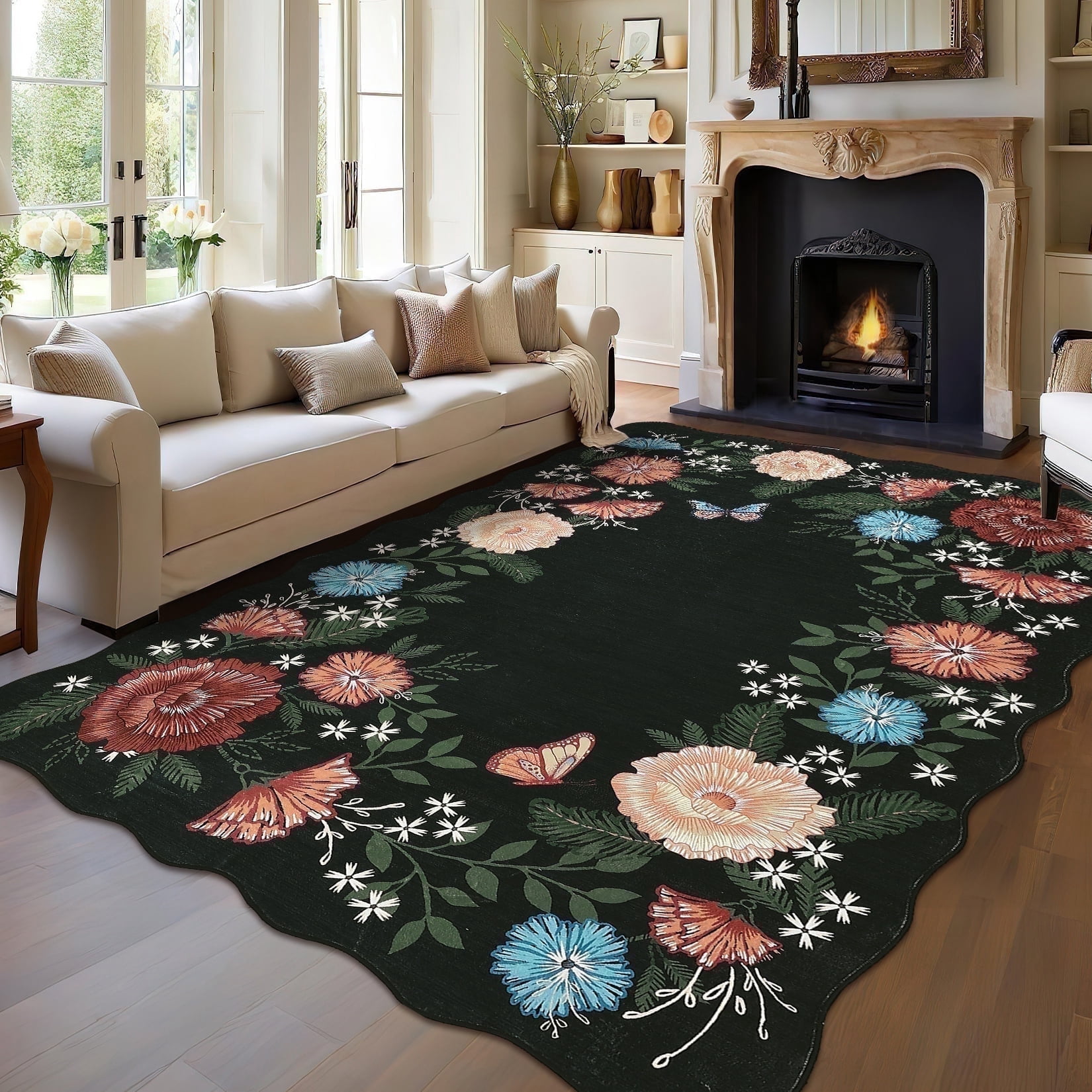Garvee 10'x13' Floral Area Rugs, Washable Boho Rugs Ultra Soft Print Carpet, Non-Slip Low Pile Rug Stain Resistant Distressed Indoor Rugs for Living Room Bedroom Dining Room, Black