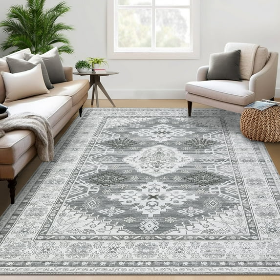 Garvee 10'x13' Boho Area Rugs for Living Room, Vintage Print Large Rugs Non-Slip Backing Washable Rugs Stain-Resistant Carpet for Bedroom Dining Room Home Office, Gray