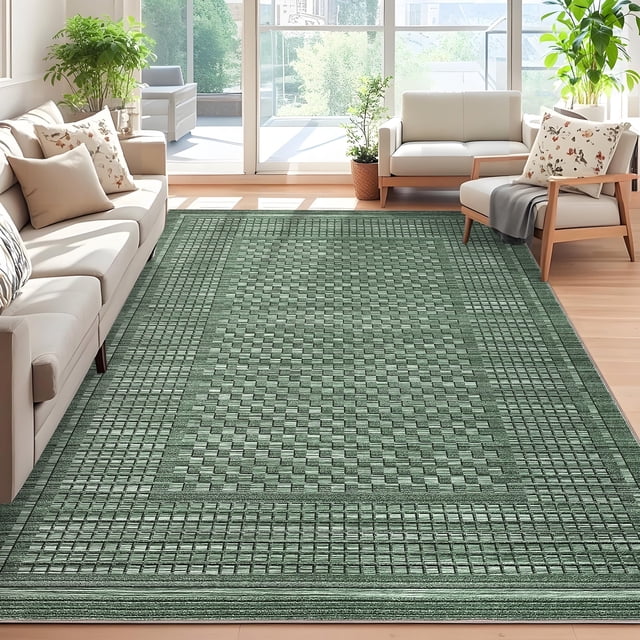 Garvee 10'x13' Checkered Area Rugs Modern Geometric Carpet, Soft Low Pile Accent Rug Washable Rug with Non-Slip Backing for Living Room Bedroom Office, Green
