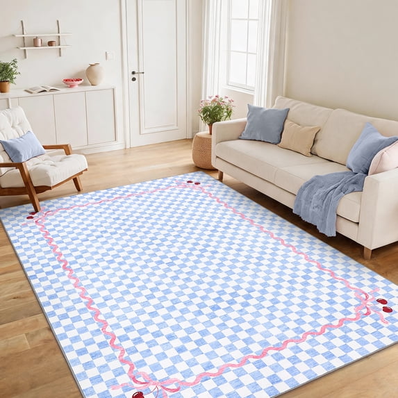 Garvee 10'x13' Checkered Cherry Area Rug Washable Border Carpet, Soft Non-Slip Low Pile Farmhouse Rug for Living Room Bedroom Home Office, Blue