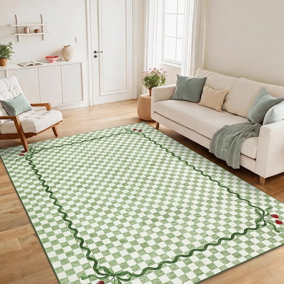 Garvee 10'x13' Checkered Cherry Area Rug Washable Border Carpet, Soft Non-Slip Low Pile Farmhouse Rug for Living Room Bedroom Home Office, Green