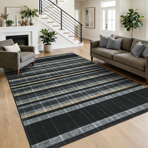 Garvee 10'x13' Checkered Plaid Area Rug Modern Geometric Carpet, Woven Textured Washable Rug with Non-Slip Backing for Living Room Bedroom Home Decor, Black
