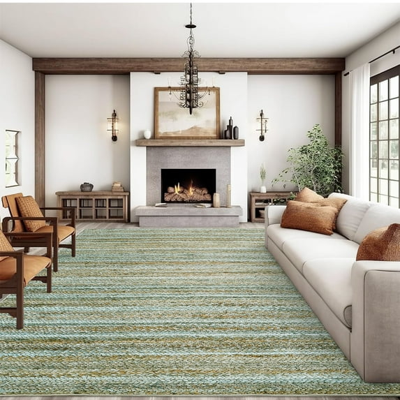 Garvee 10'x13' Extra Large Rugs for Living Room Modern Braided Print Rug Farmhouse Non Slip Low Pile Foldable Accent Rug, Green/Camel