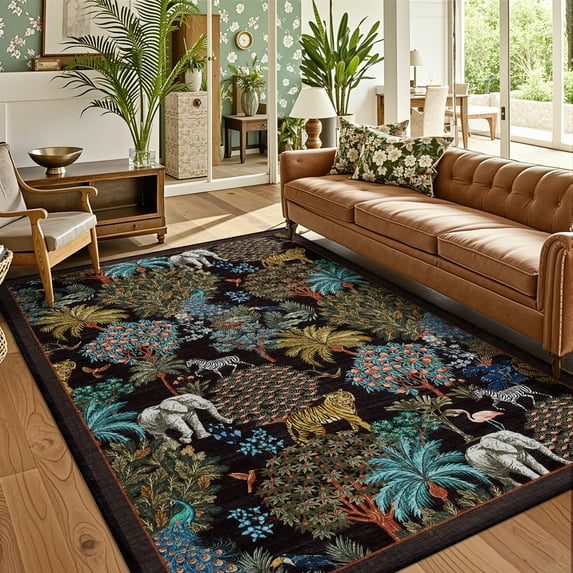Garvee 10'x13' Floral Area Rug Modern Animal Jungle Throw Carpet, Washable Rug Stain Resistant Rug Non Slip Indoor Mat for Living Room Bedroom Home Office, Black
