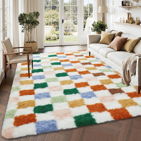 Garvee 10'x13' Fluffy Area Rugs Soft Luxury Shag Carpet, Modern Checkered Shaggy Rugs Christmas Rug with Non Slip Backing for Living Room Bedroom Home Decor, Colorful