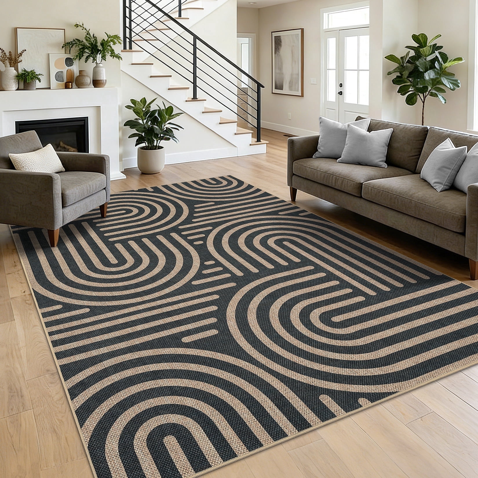 Garvee 10'x13' Geometric Area Rug Easy Jute Carpet, Abstract Washable Rug Rainbow Non Slip Indoor Outdoor Accent Rug for Living Room Bedroom Dining Room Balcony Patio, Black