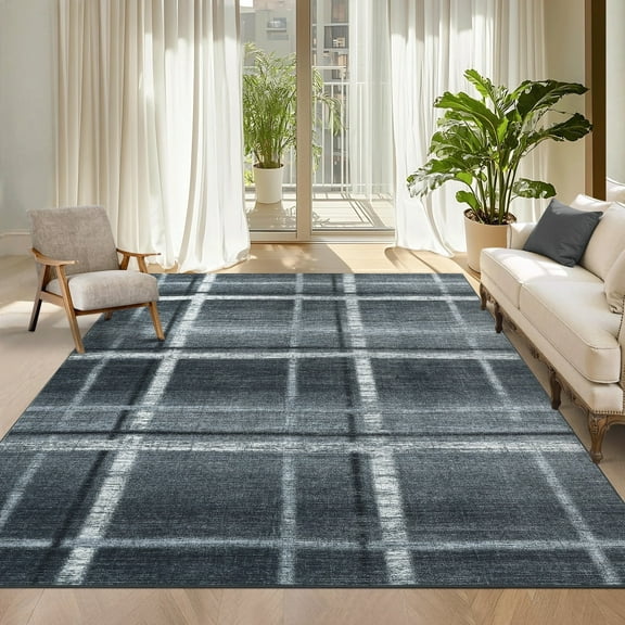 Garvee 10'x13' Geometric Area Rug Modern Plaid Rugs, Soft Washable Rugs Non Slip Low Pile Indoor Carpet for Living Room Bedroom Home Office, Black Gray