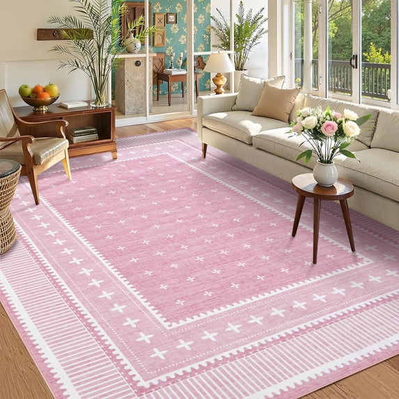 Garvee 10'x13' Geometric Bordered Area Rug Boho Rug, Washable Non Slip Indoor Carpet for Living Room Bedroom Home Office, Pink