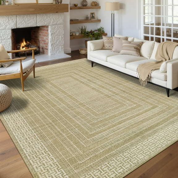 Garvee 10'x13' Geometric Bordered Area Rug Contemporary Indoor Carpet, Washable Rug Non Slip Low Pile Rug for Living Room Bedroom Dining Room, Camel