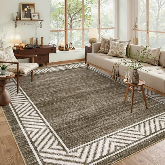 Garvee 10'x13' Geometric Bordered Area Rug Living Room Carpet, Washable Rug Non-Slip Non-Shedding Low Pile Floor Mats for Bedroom Home Office, Brown
