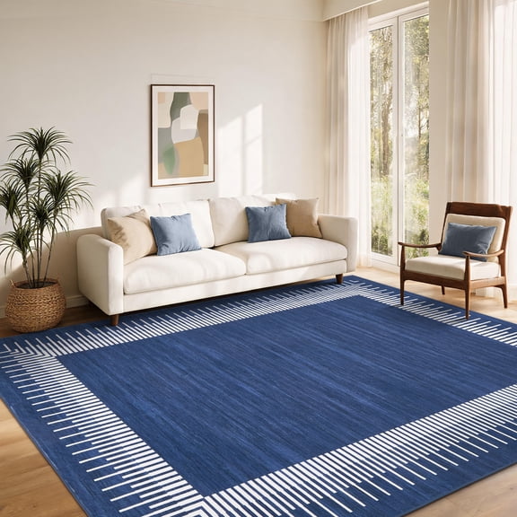 Garvee 10'x13' Geometric Striped Bordered Area Rug Modern Solid Carpet, Washable Non Slip Rug for Living Room Bedroom Home Office, Blue