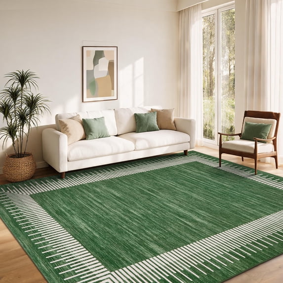 Garvee 10'x13' Geometric Striped Bordered Area Rug Modern Solid Carpet, Washable Non Slip Rug for Living Room Bedroom Home Office, Green