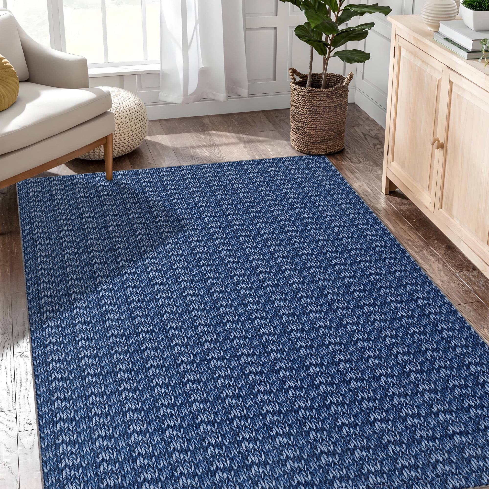 Garvee 10'x13' Large Modern Braided Print Area Rug Low Pile Non Slip Area Rugs for Living Room Bedroom, Navy Blue