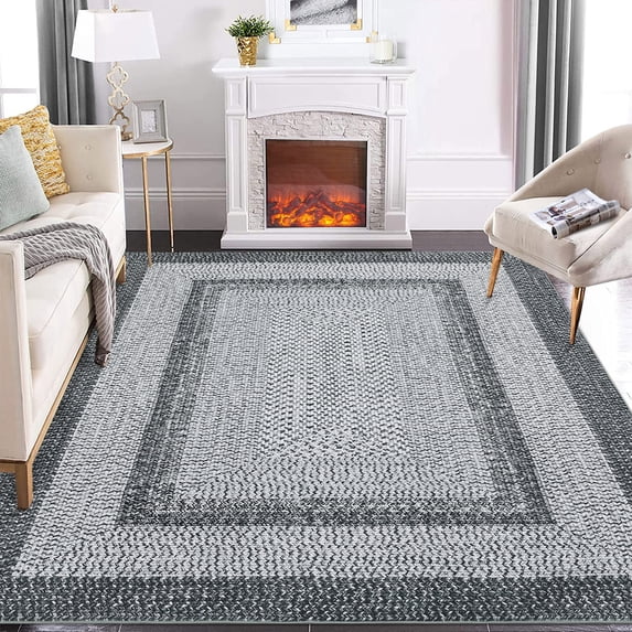 Garvee 10'x13' Large Modern Braided Print Rug Low Pile Non Slip Area Rug Geometric Bordered Area Rugs for Living Room Bedroom, Gray