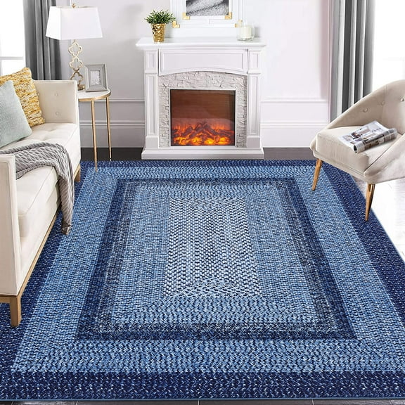 Garvee 10'x13' Large Modern Braided Print Rug Low Pile Non Slip Area Rug Geometric Bordered Area Rugs for Living Room Bedroom, Navy Blue