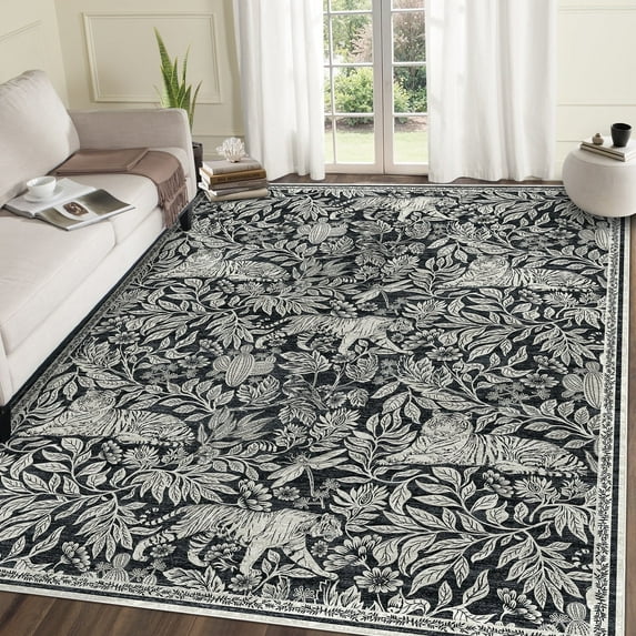 Garvee 10x13 Modern Abstract Print Rugs, Washable Living Room Rug Non Slip Non-Shedding Forest Tiger Floor Rugs Carpet, Soft Stain Resistant Indoor Rug for Dining Room Bedroom, Black