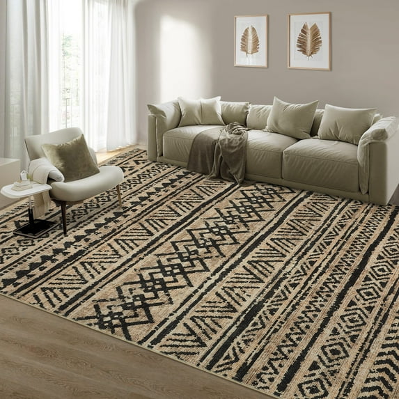 Garvee 10'x13' Large Vintage Rugs for Living Room Farmhouse Geometric Area Rug Non-Slip Low Pile Floor Carpet for Bedroom, Black/Brown